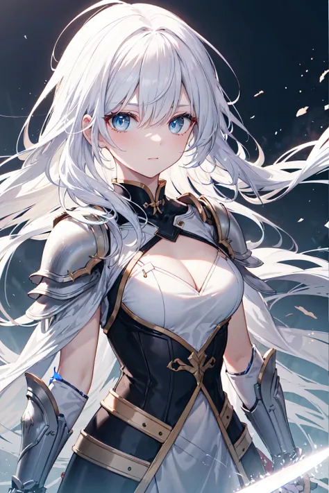  A lone fighter  ，   Wearing gorgeous white armor and shoulder armor   ，  Her long white hair hangs down like a waterfall  。   She holds a shiny white handle ，   The blade reflects a soft light   。 Her chest is the right size   ，   her chest   ，   highligh...