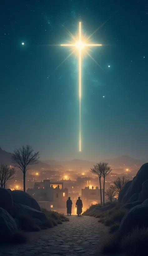 On Christmas night , a star shining light on the place where Jesus ,  was born this place can be seen far away and is in the middle of the image and in the lower part the rest of the city of Bethlehem