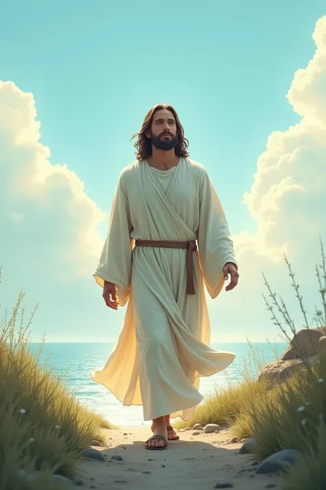 create an image of Jesus in a calm place walking with blue sky and sea in the background