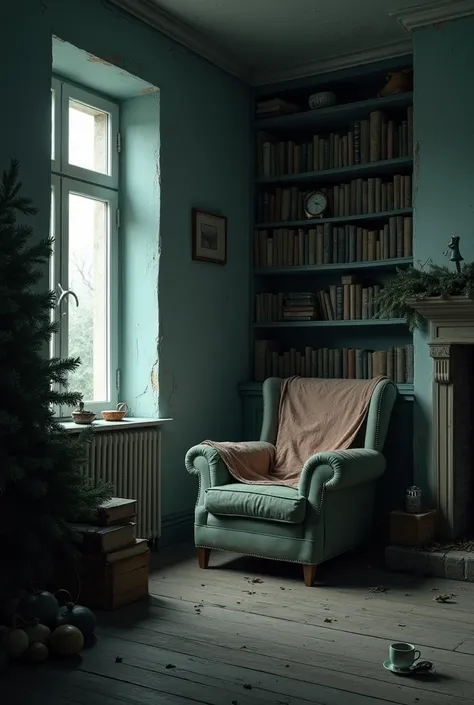 Create an image of a room of low memories on the eve of Christmas and winter season  (without people)