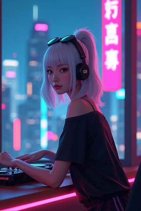 (Qingxu   _     Photograph of a beautiful Asian woman    ),     Beautiful Japanese woman behind the table DJ PIONEER COLOR BLACK ,    neon white hair  ,  sunglasses on the head , wearing top tube ,  wearing a short school-style skirt , wearing Nike sneaker...