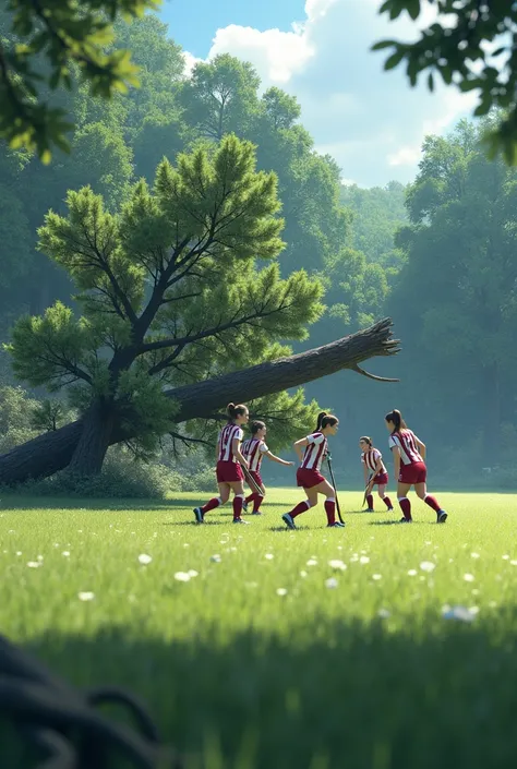 Same image with a fallen pine tree and female field hockey players