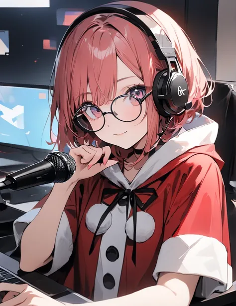 anime、 digital art 、 flat design 、 Santa Claus Costumes、超 high res, (masterpiece:1.2),  top quality ,  high res,  Award-winning ,   high detail 、 headphones、 headset with microphone、 looking at the computer here 、 peace sign on her hand  、 Her hair color i...