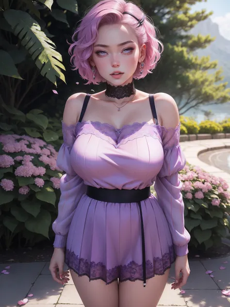 (masterpiece) (huge titusty, masterpiece, absurdres, hinata(boruto), 1girl, solo,mature female, off-shoulder bra, high waist short skirt, looking at viewelling petals), perfect composition, detailed lips, big breast, beautiful face, body propotion, blush, ...