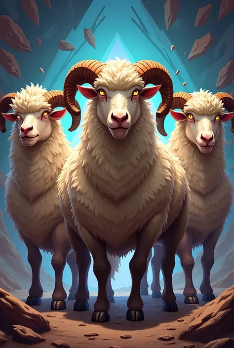 

“A semi-realistic cartoon-style artwork featuring a group of powerful and dynamic sheep standing in bold, striking poses. Each sheep has rugged, textured wool with sharp detailing and intense, piercing eyes that exude confidence and strength. Their stanc...