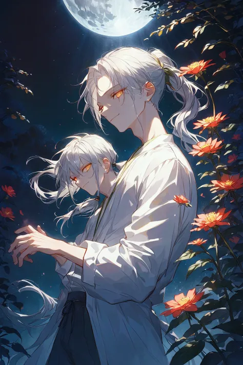 Illustration, top quality, pixiv illustration, very detailed animation, (alone) (male), silver hair, long hair, gardener, red eyes, moonlit garden background, dramatic lighting, yellow eyes, low ponytail, warm smile, work clothes