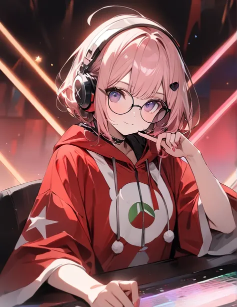 anime、 digital art 、 flat design 、 Santa Claus Costumes、超 high res, (masterpiece:1.2),  top quality ,  high res,  Award-winning ,   high detail 、 headphones、 headset with microphone、 looking at the computer here 、 peace sign on her hand  、 Her hair color i...