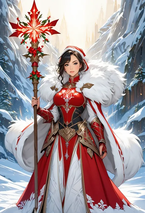 "A powerful fantasy depiction of a young adult Mrs. Claus as a heroic D&D adventurer, blending features of Masiela Lusha and Chloe Bennet. She has striking black hair and stands confidently, exuding both strength and elegance. She is clad in ornate crimson...