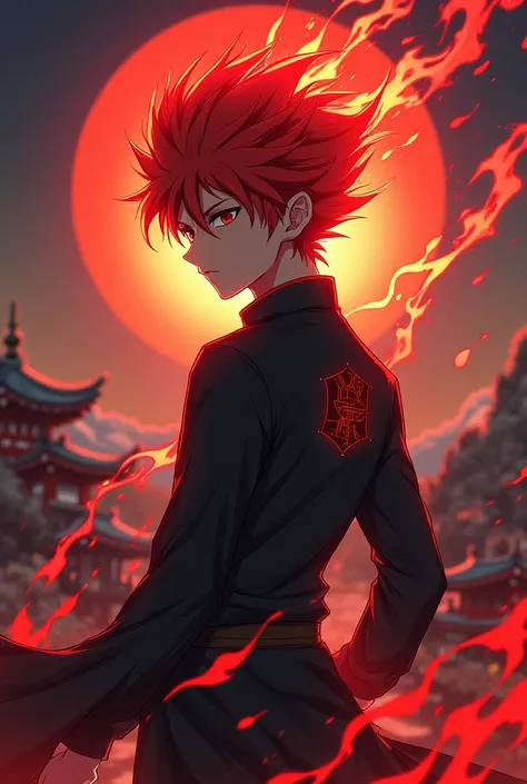 Make Anime Guy With Red Hair Glowing On His Back Give FND Fixed Inscription And Japanese Flag Background Japanese Scenery