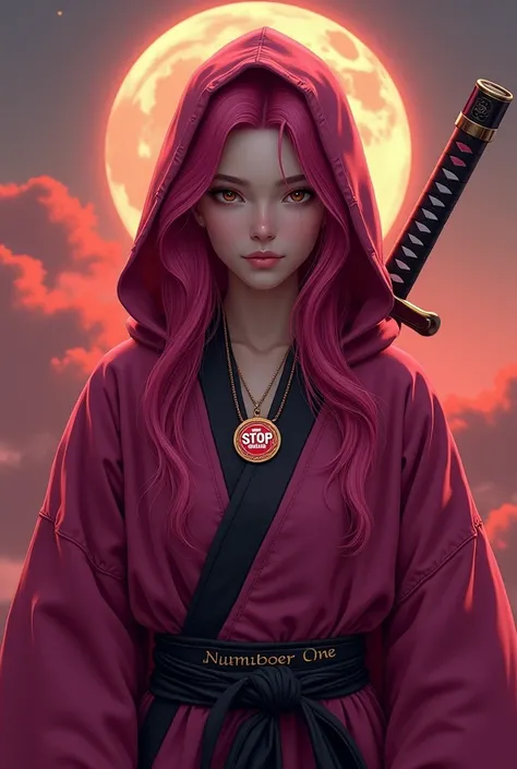  Realistic young ninja woman with intense fuchsia hair, seeds, y fuchsia hood  .  light brown eyes , light skin.

outfit:  Dark fuchsia kimono with closed collar ,  fitted with a black belt .  to shape the body

A gold pendant that says  "stop" ( red and w...