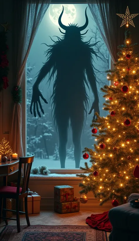 " A room decorated for Christmas with a tree full of flickering lights and bright ornaments .  The warm atmosphere contrasts with the snowy exterior ,  in a full body plane . On the ceiling,  the elongated shadow of a creature with irregular limbs looms un...