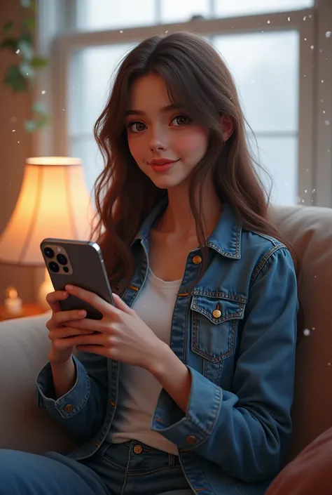 Create a 3d illustration image of a 19 year old beautiful girl with brown eyes She has I phone 16 pro max in hand and wear Jeans jacket Sit on the sofa Background look like a room And Snow fall outside on the room Maha Chaudary must written in background 