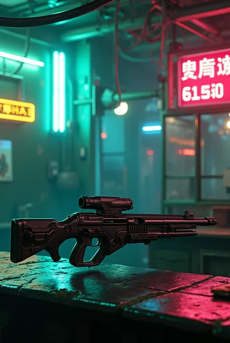 A cyberpunk digital artwork depicting a technological future, characterized by dense neon signs in various colors such as green, blue, yellow, pink, orange and red. The central figure is a gun, 1 shotgun, technological shotgun, futuristic shotgun. The shot...