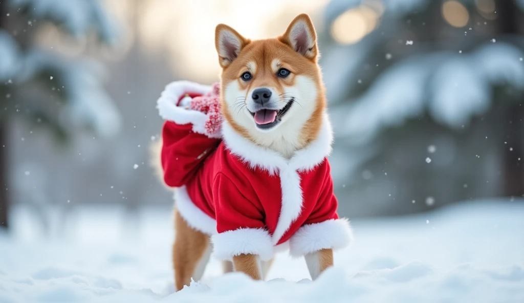 "A cute Shiba Inu dressed as Santa Claus, standing in a snowy landscape, delivering gifts. The dog is wearing a red Santa suit with a fluffy white trim, carrying a small sack of presents over its back. The background features snow-covered trees, softly fal...