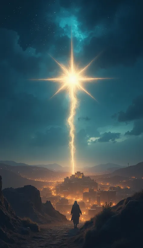 On Christmas night , a star shining light on the place where Jesus ,  was born this place can be seen far away and is in the middle of the image and in the lower part the rest of the city of Bethlehem