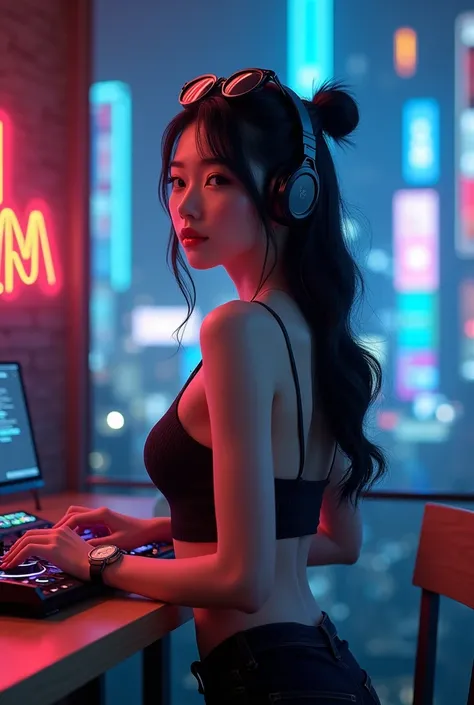 (Qingxu   _     Photograph of a beautiful Asian woman    ),     Beautiful Japanese woman behind the table DJ PIONEER COLOR BLACK ,    black hair ,  sunglasses on the head , wearing top tube , wearing a short skirt, wearing Nike sneakers , magical girl,  to...