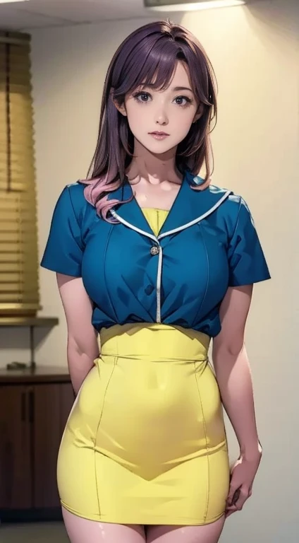  girl in blue uniform with yellow ribbon is quietly gesturing, pink haired girl 、The name Lucy, Rei Hiroe,  anime character ,  anime girl,  another Iwakura,  Takano Aya color style , Katsuragi Misato, Manga characters, as an  anime character , rumiko, 若い a...