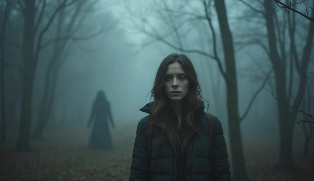 Scene and Composition: The central figure of Lydia stands in the foreground, her expression strong, facing the camera, with a look of determination and hope. The background features a misty, fog-filled forest, casting an eerie atmosphere. Amber, her daught...