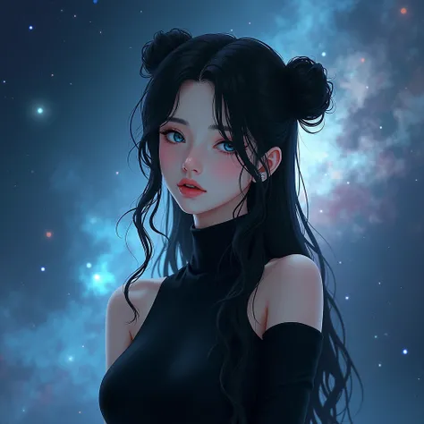  Female character ,  with black and wavy hair , com dois coques ,  fair skin and light blue eyes , one-sleeve black turtleneck blouse, galaxy background 