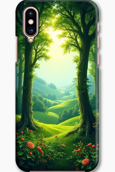 A phone cover showing green scenery and lots of trees with a touch of modern aesthetics. Include some tiny floral designs also.