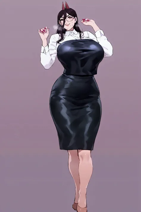 Power from the anime chainsaw man with big boobs very sweatys wearing a sexy teacher dress and looking to the camera with a naughty face and heavy breathing and sweating from hot