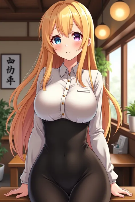 Physically fit adult woman with long blond hair and big breasts wearing a long-sleeved uniform from a Japanese coffee shop anime version