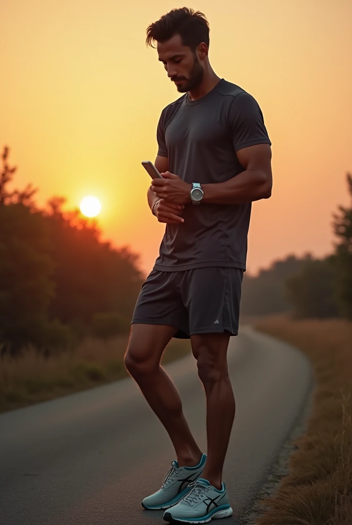 A male jogger ties their running shoes, puts on a fitness watch, and selects a motivational playlist on their smartphone. The sun is just starting to rise.