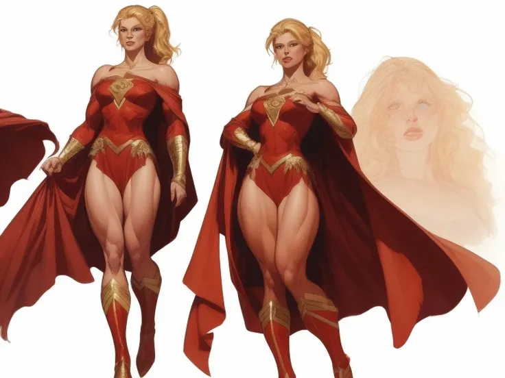  A detailed and beautiful illustrated masterpiece of a muscular superhero girl with a red cape,  blonde ponytail ,  shiny skin,  and a gold emblem on her chest , in a full-body view,  with sketches and markings , swollen lips,  against a simple white backg...