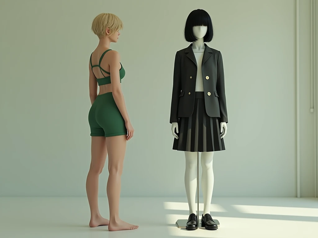 Short blonde hair woman wearing green shorts and green bra standing barefoot next to Mannequin wearing long black wig and school uniform with skirt and shoes 