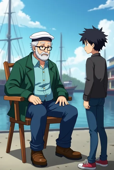 Two characters. Character 1: (old man with grey hair and beard, glasses, sailor cap, green coat with light blue shirt, blue jeans, brown boots, skinny). Character 2: (young boy, street clothes, black hair). Character 1 sits on a chair, located on the docks...