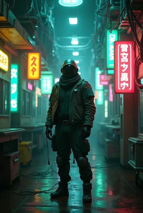 A cyberpunk digital artwork depicting a technological future, characterized by dense neon signs in various colors such as green, blue, yellow, pink, orange and red. The central figure is a mercenary, 1 cyberpunk mercenary, wears technological clothing, mec...