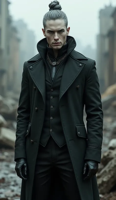 A man with white skin brown eyes hair with round cut of a braided bun shaved from the hundreds and a greyish nape dressed in a black jacket black vest black gloves black pants full body black cap shoes Apocalypse, Artistic, Baroque, chaos, arte conceptual,...