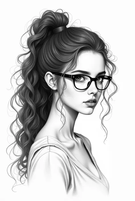 You could make an almost realistic, but black and white drawing of a person, but the girl with tied hair, like a tall ponytail, with curly hair, with thin lenses.