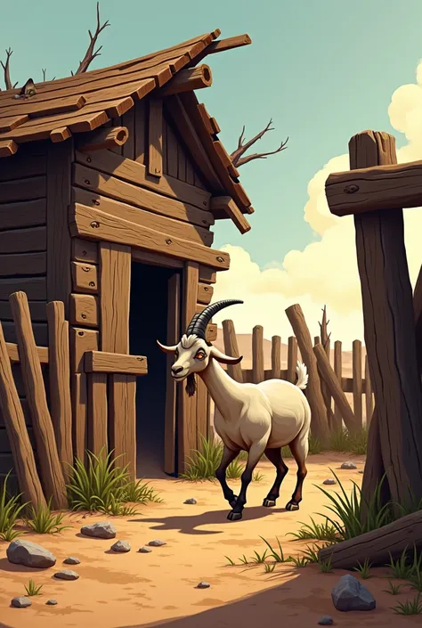 

“A semi-realistic cartoon-style artwork featuring a dilapidated wooden animal pen, broken and decayed over time. The wood is rotting, with splintered beams and fallen planks, giving the pen a sense of abandonment and ruin. A goat has managed to escape, s...