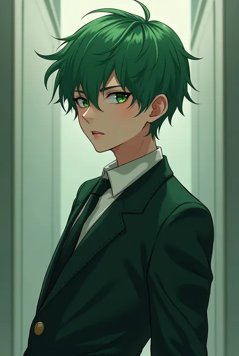  manga character , 19-year-old man ,  with short green hair getting ready, Looking cold ,  and arrogant expression ,  wearing a school uniform ,  in dark green and white color  
