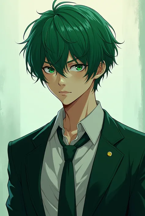  manga character , 19-year-old man ,  with short green hair getting ready, Looking cold ,  and arrogant expression ,  wearing a school uniform ,  in dark green and white color  
