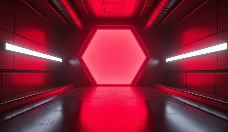 LEDs cyber punk tunnel center crimson hexagon neon,  three laterally long windows with neon white glow