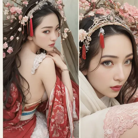 Blue sky and white clouds，Yunshan in the distance、tower and many people，pink flowers，Cherry tree，Hanfu woman,phoenix crown tiara、Detailed embroidery、Wear Hanfu pantyhose、Hanfu、Wearing long-sleeved Hanfu、Transparent and clearly visible、Look and、Bare oversiz...