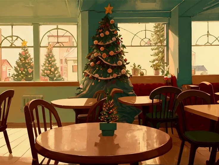 A pastel hand drawing style illustration of a cozy cafe with a Christmas tree and decorations. A couple is talking. There is sunlight coming through a big window. The cafe has a few tables and chairs. The walls have a warm hue.