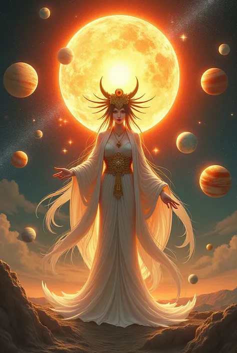 planet ( Mercury , Venus, earth, Mars, Jupiter, Saturn, Uranus, and Neptune )  encircling Goddess amaterasu  (Sun goddess )  around her waist Goddess amaterasu then facing forward