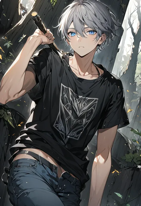 a male teenager, gray hair, blue eyes, thin body, black tank top, dark jeans, his class is wizard with hunter, 8k high definition