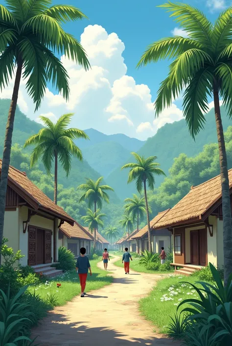 Build some houses with a natural atmosphere in the village and the people around that are cool and beautiful with coconut trees