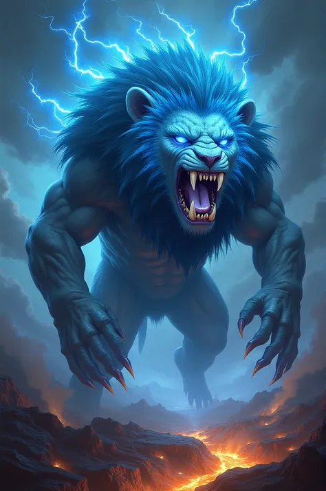 "A terrifying hybrid creature combining the features of a lion and a glowing blue ball. The entity has the muscular body and sharp claws of a lion, with glowing blue, orb-like eyes and swirling energy patterns across its mane, which is infused with crackli...