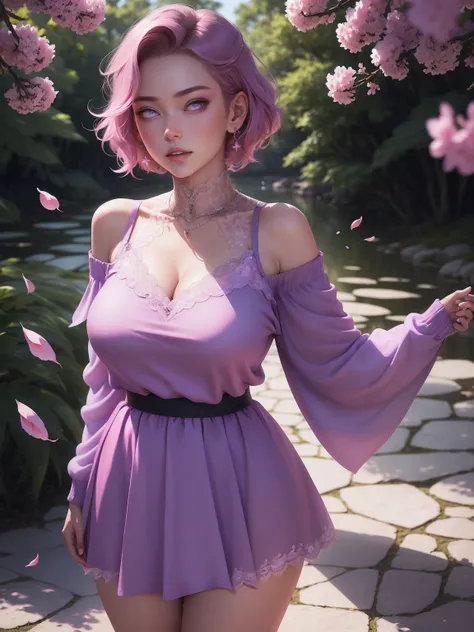 
(masterpiece) (huge titusty, masterpiece, absurdres, hinata(boruto), 1girl, solo,mature female, off-shoulder bra, high waist short skirt, looking at viewelling petals), perfect composition, detailed lips, big breast, beautiful face, body propotion, blush,...