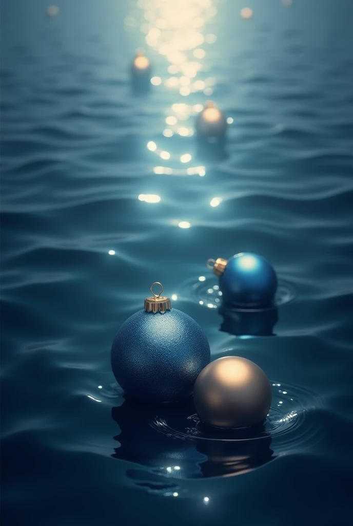 Dark navy blue sea surface with rays of light and floating Christmas balls in navy blue and champagne