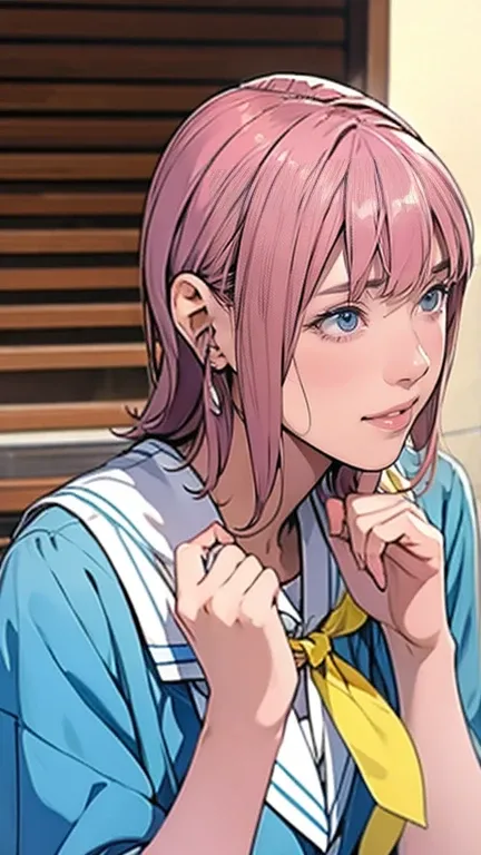 A girl in a light blue high school uniform with a yellow ribbon is quietly gesturing, pink haired girl 、The name Lucy,  headband,  Anime Characters ,  anime girl,  another Iwakura,  Takano Aya color style , Katsuragi Misato, Manga characters, as an  Anime ...