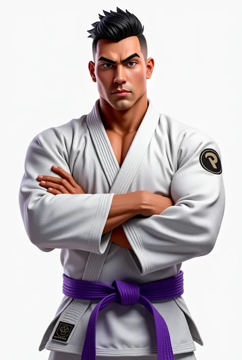 obra-prima, qualidade superior, Alta resolução, 8K papel de parede, extremamente detalhado em CG, photo realistic of a muscular male martial artist, likely a Brazilian Jiu-Jitsu practitioner. Hes wearing a white gi with a purple belt, indicating a certain ...