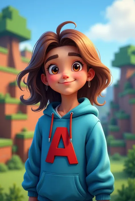 Bikinkan fanart character with brown hair ,wear a hodie , in blue with the letter A written in red,  background render minecraft , size 1280x1280