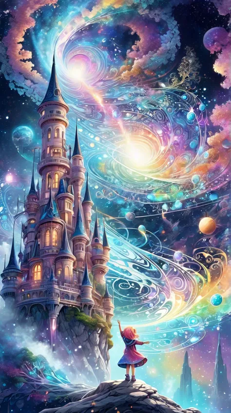 A  toddler，Pointing to distant cosmic nebulae,Leaning against the tree，（Seven colored hair：1.5），smile to the side，Reach out your hand，Exquisite facial features，blue eyes，beautiful，happy，beautiful castle in the distance，surrealism，Magic and the light of tec...