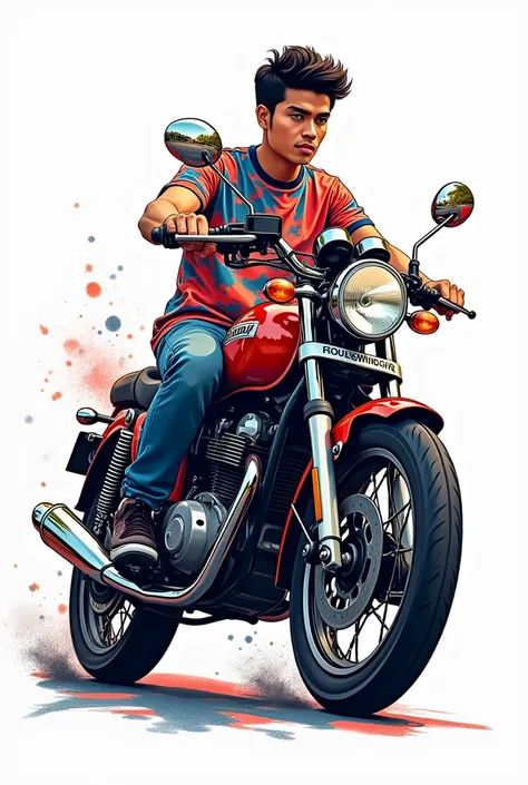 Generate a graffiti-style pattern of a Malaysian male riding a motorcycle，shirt design，Printed pattern，Oblique perspective ，pure white background